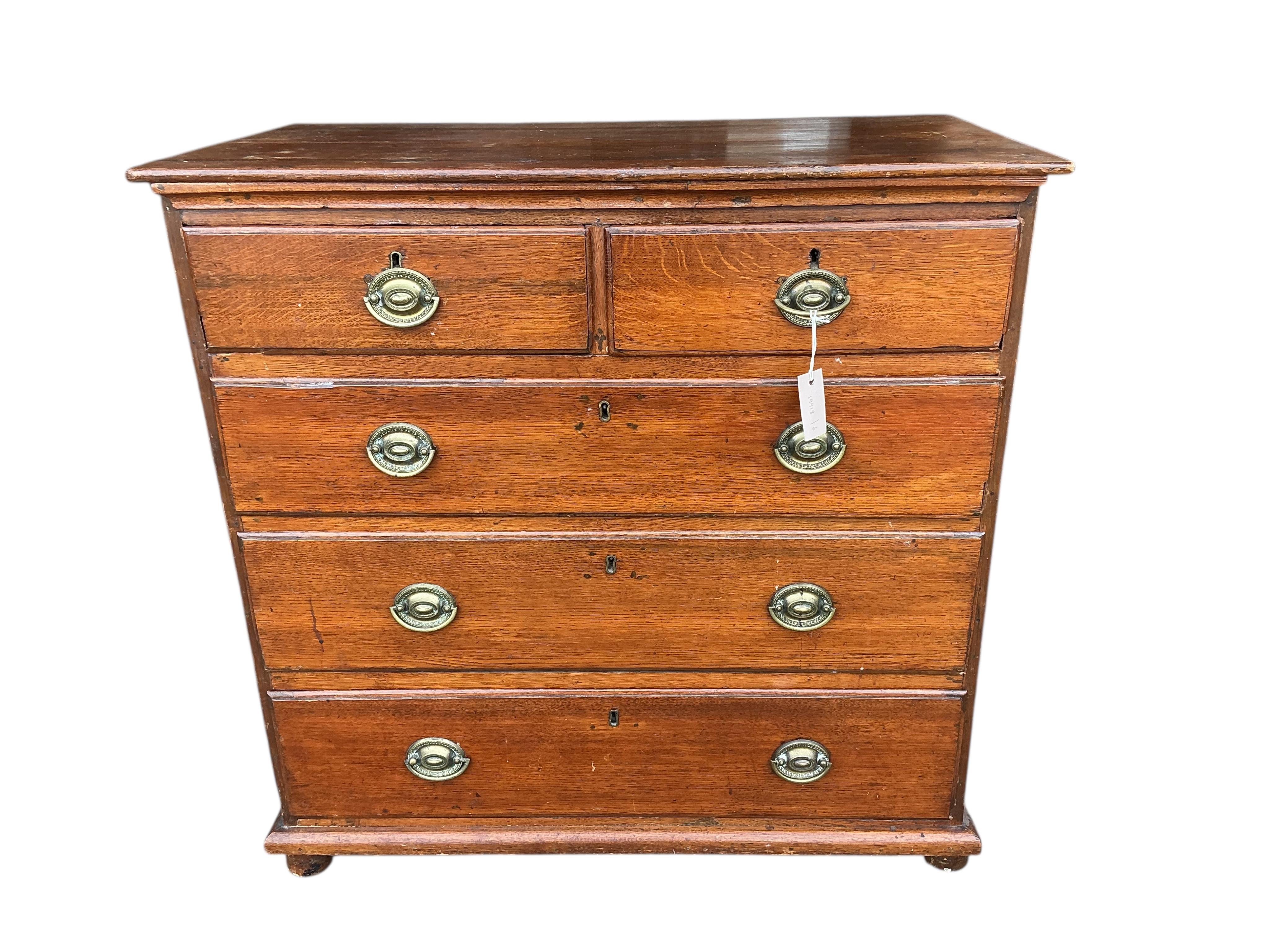 A George III oak chest of five drawers, width 93cm, depth 51cm, height 91cm